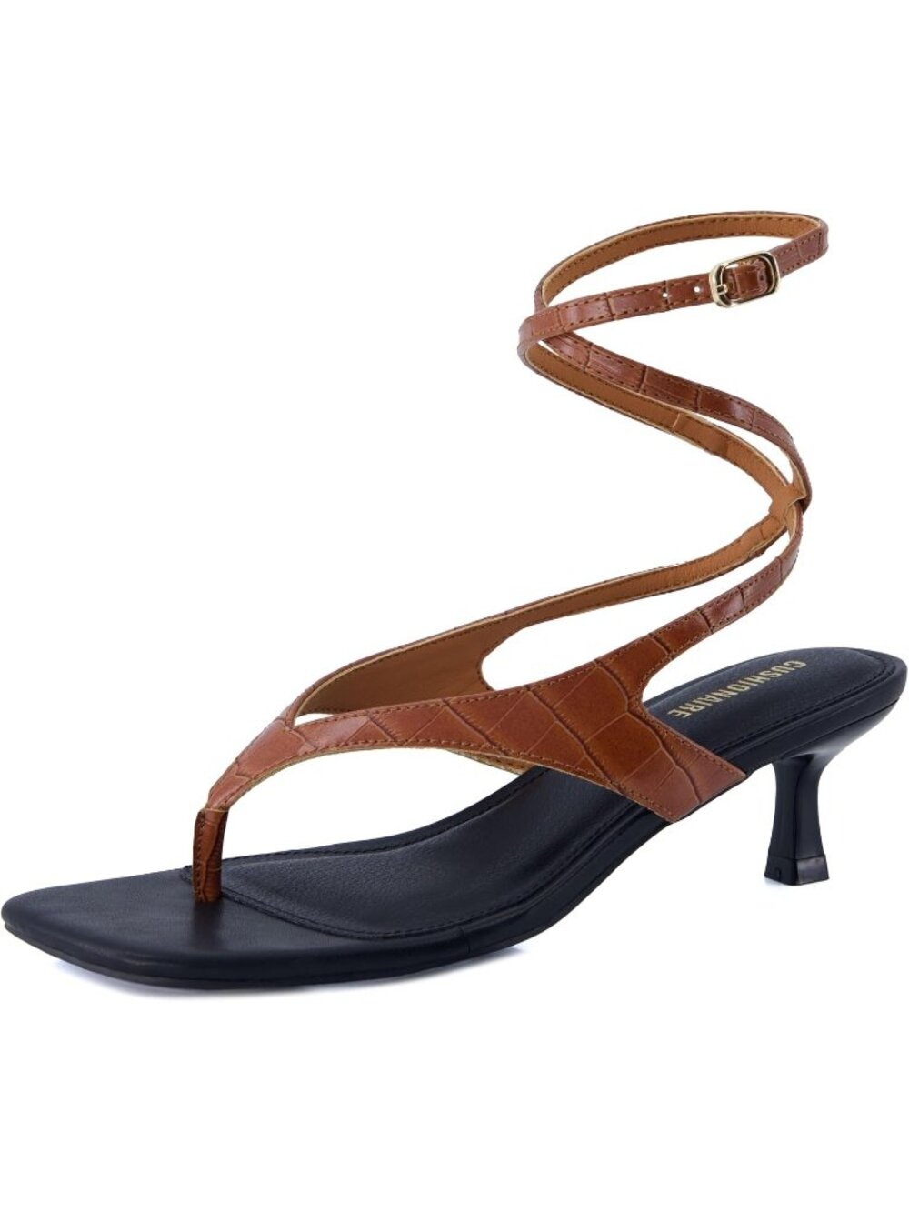 Women’s Brown Ankle Wrap Heel Sandals Strappy Faux Leather Thong w/ Kitten Heels